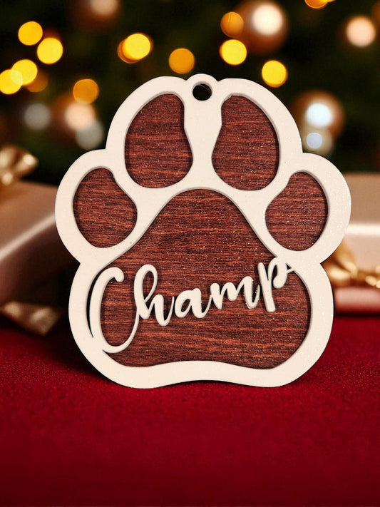 "Pawfectly Yours" – Custom Wooden Dog Paw Print Ornament