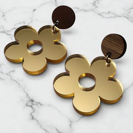 Walnut & Acrylic Flower Earrings | Lightweight | Hypoallergenic