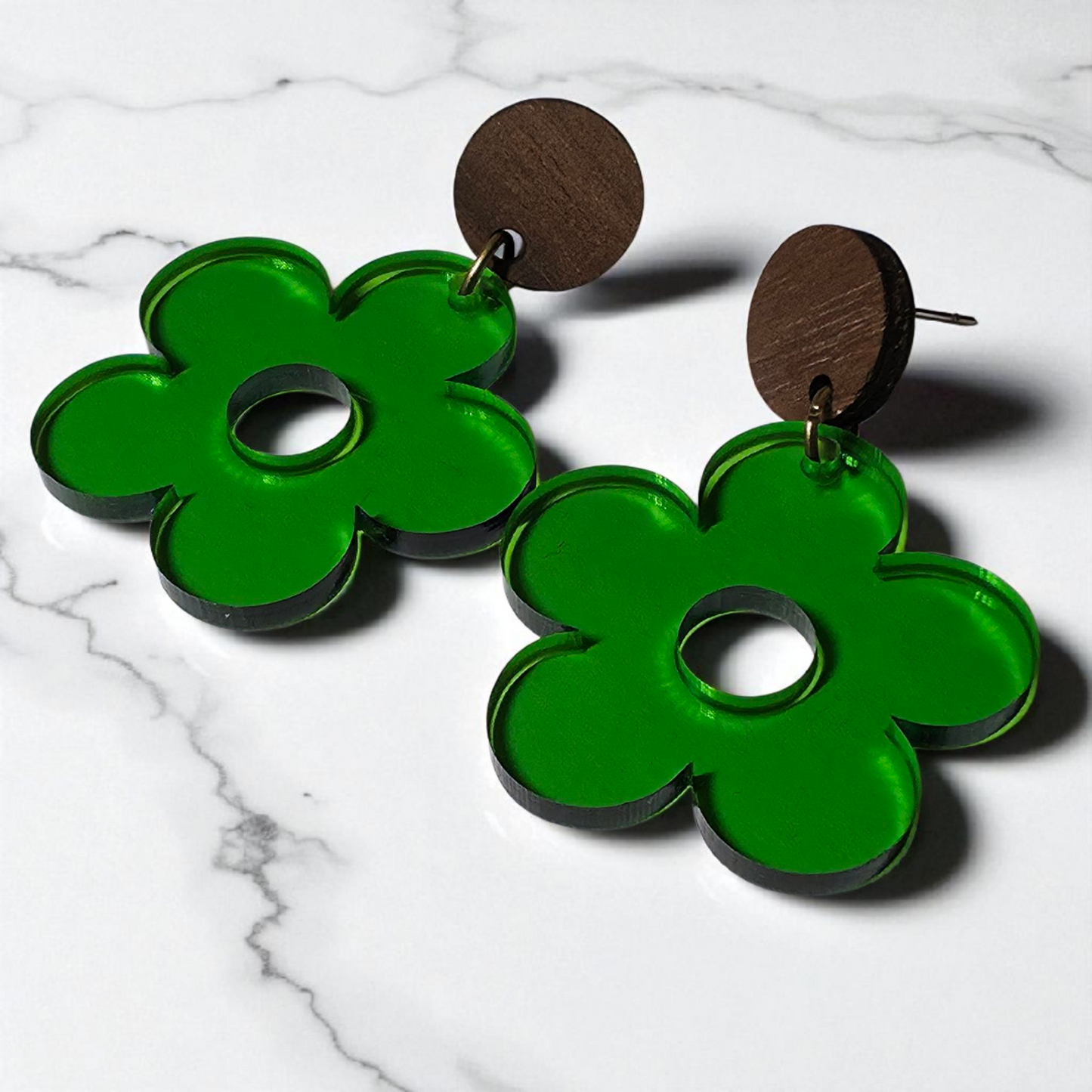 Walnut & Acrylic Flower Earrings | Lightweight | Hypoallergenic