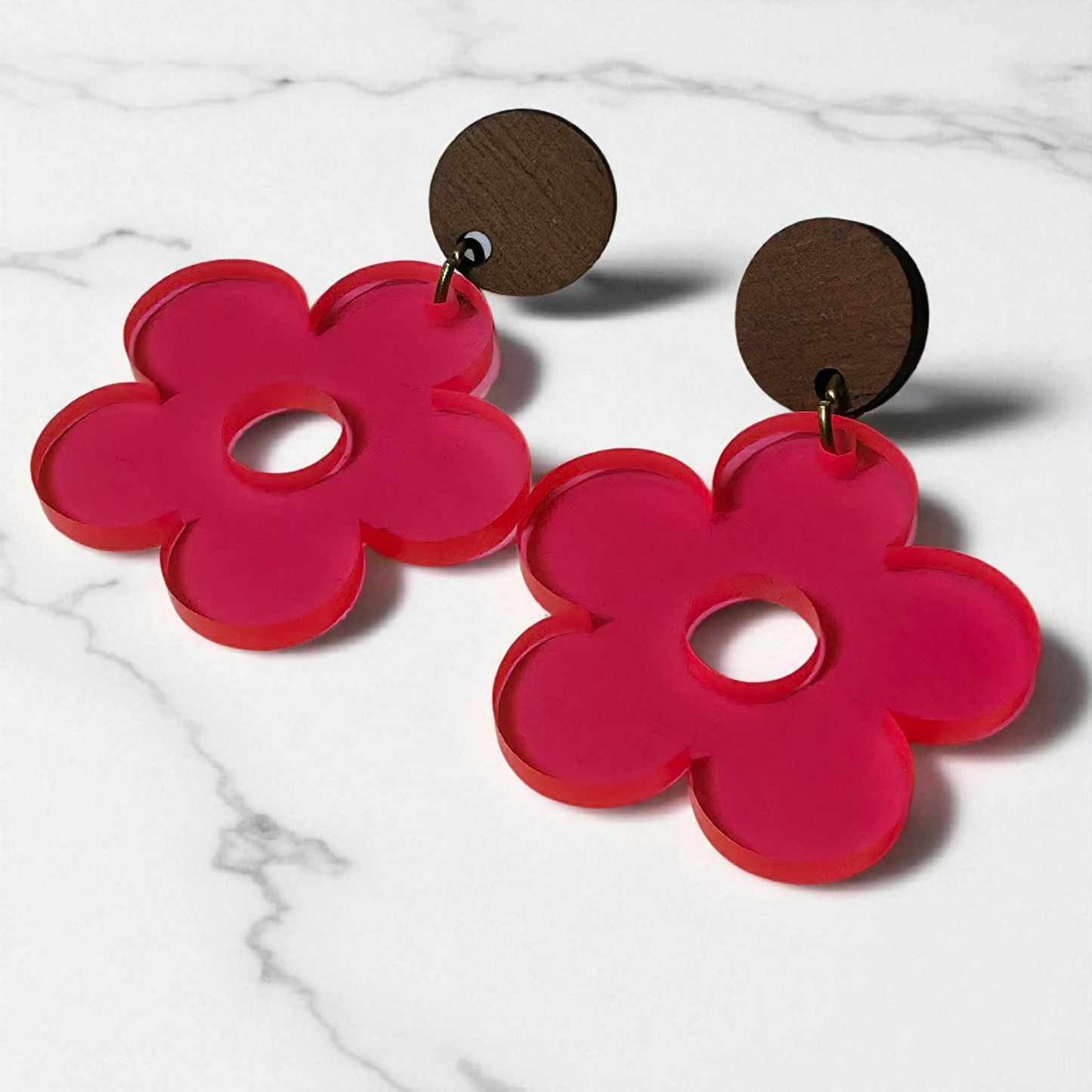 Walnut & Acrylic Flower Earrings | Lightweight | Hypoallergenic