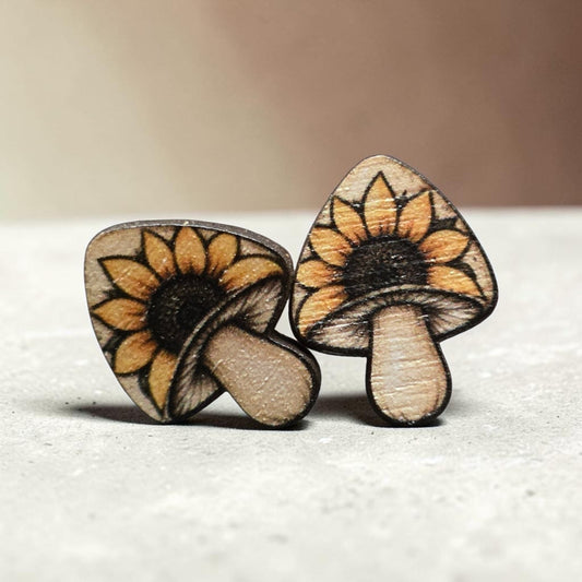Wooden Mushroom Stud Earrings – Floral, Morel & Celestial Designs
