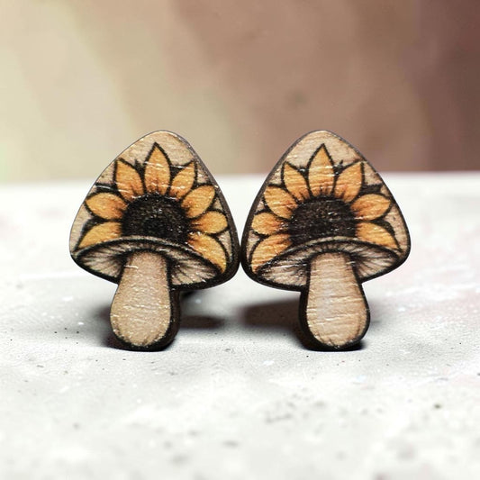 Wooden Mushroom Stud Earrings – Floral, Morel & Celestial Designs