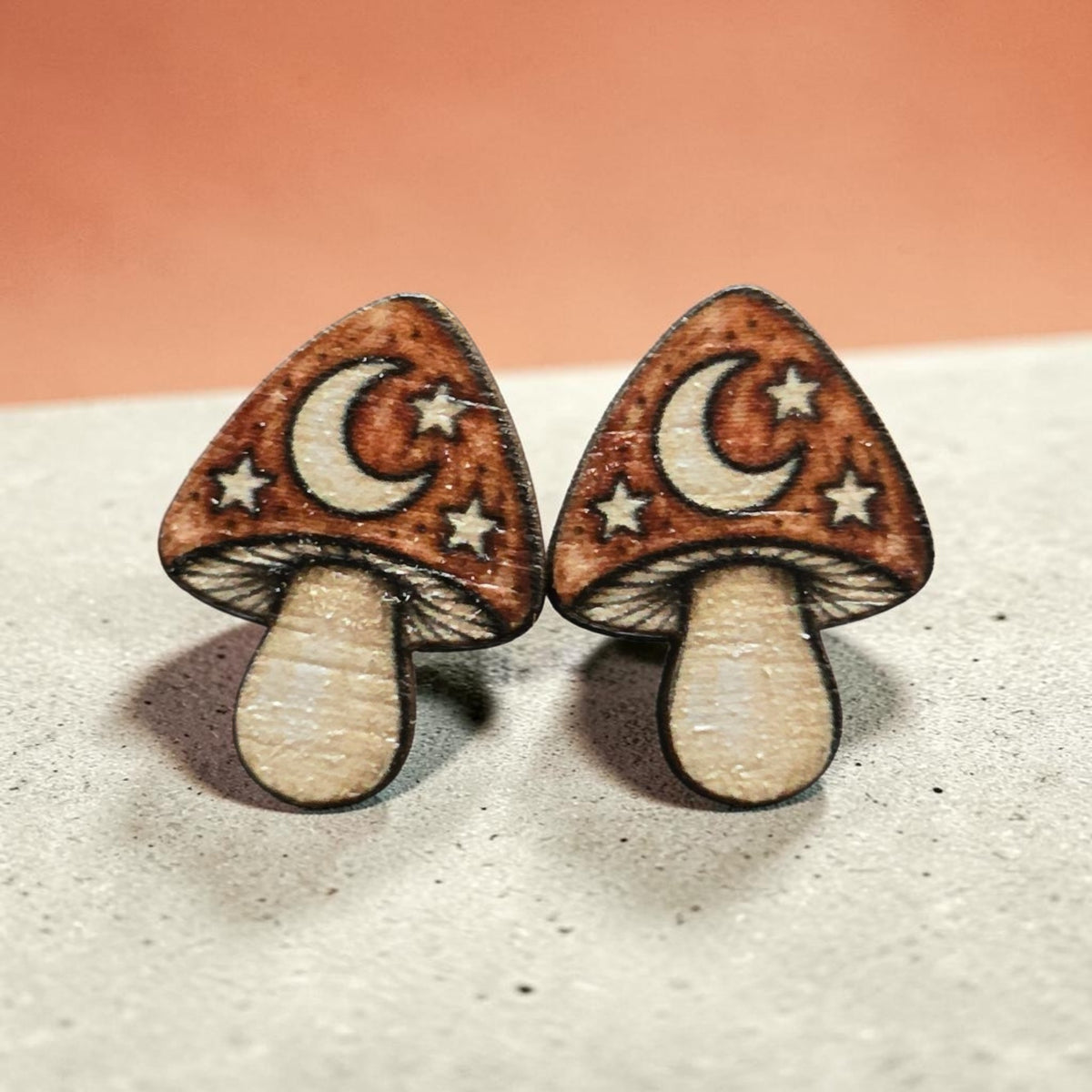 Wooden Mushroom Stud Earrings – Floral, Morel & Celestial Designs