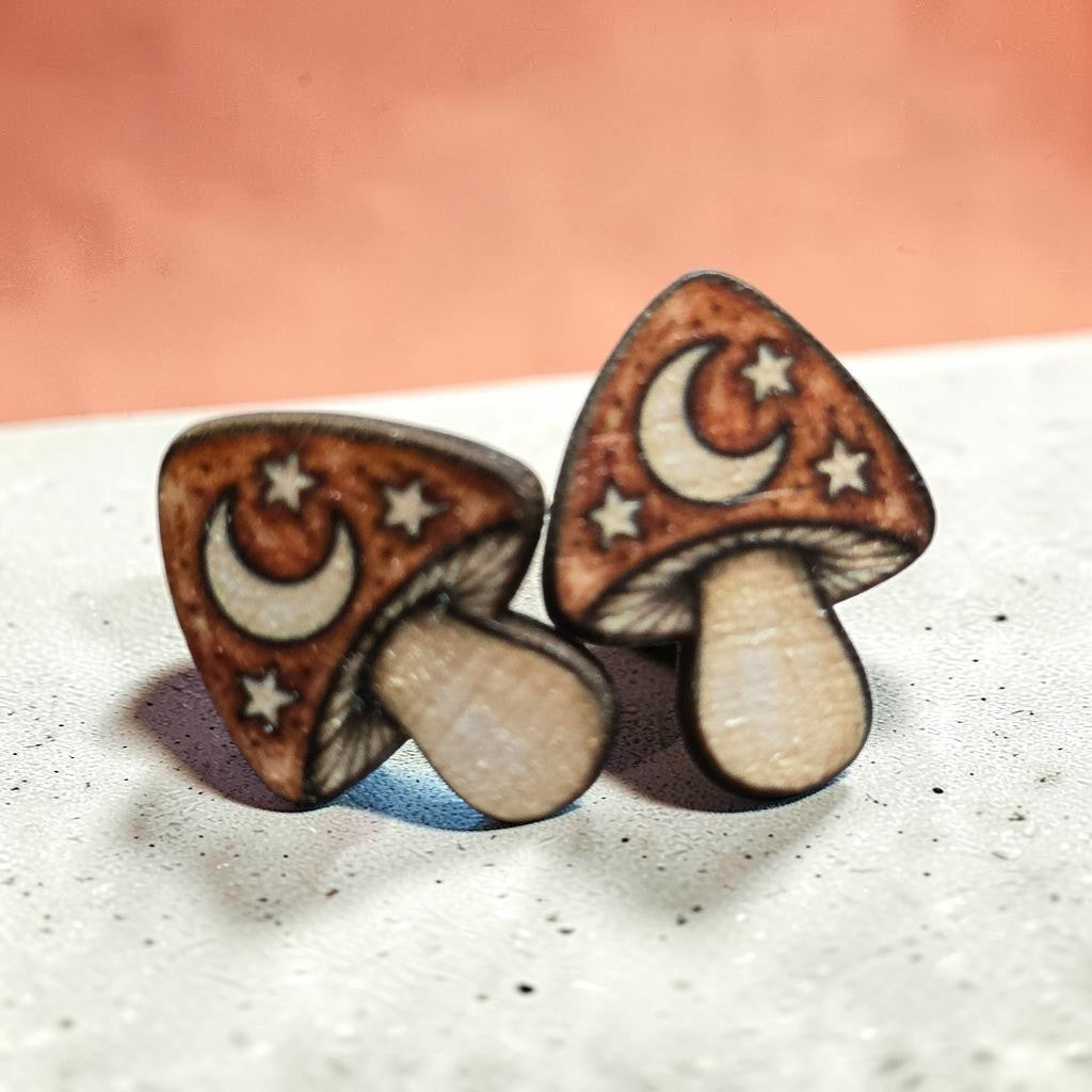Wooden Mushroom Stud Earrings – Floral, Morel & Celestial Designs