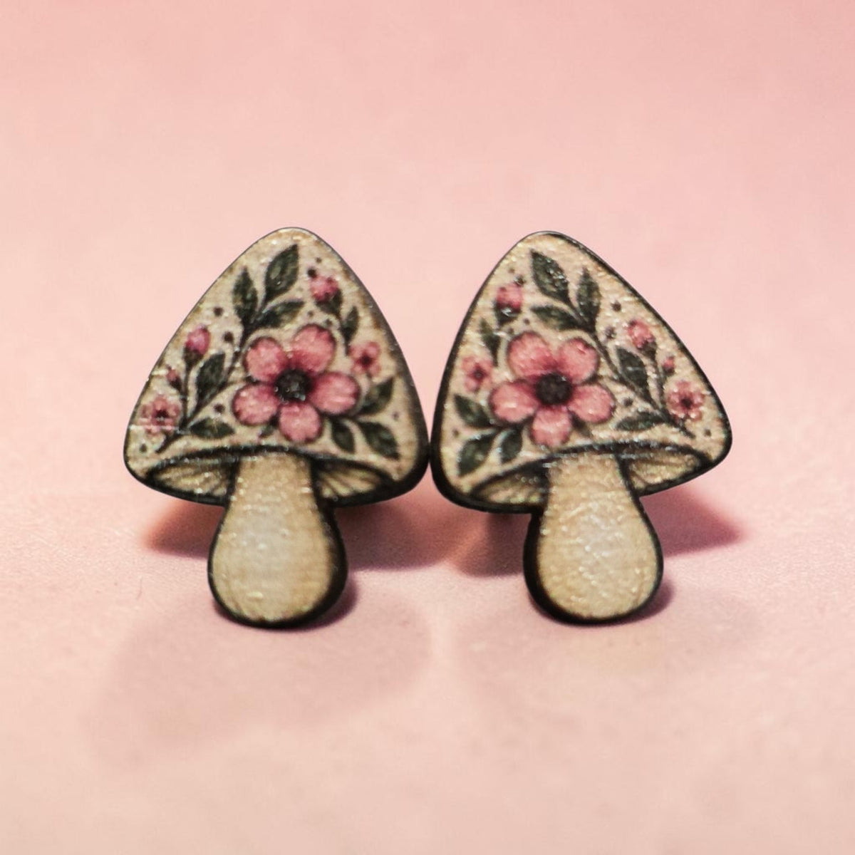 Wooden Mushroom Stud Earrings – Floral, Morel & Celestial Designs