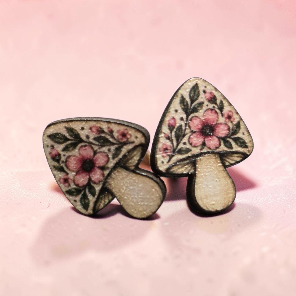 Wooden Mushroom Stud Earrings – Floral, Morel & Celestial Designs
