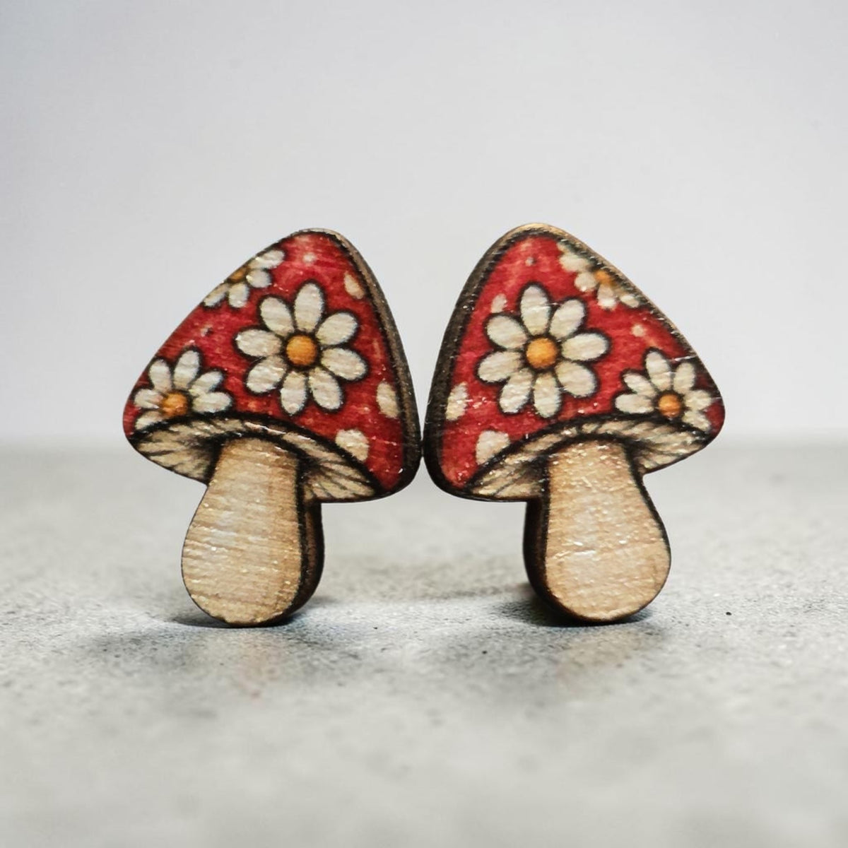 Wooden Mushroom Stud Earrings – Floral, Morel & Celestial Designs
