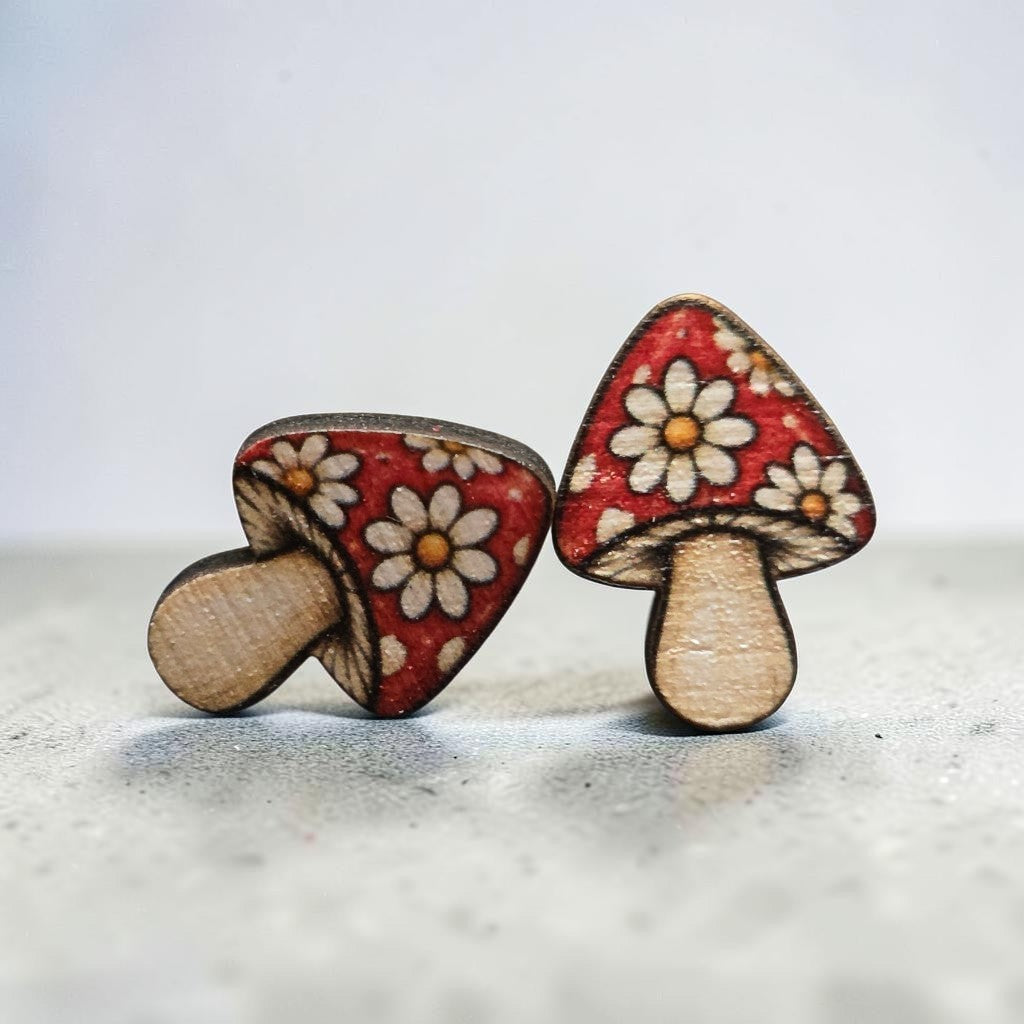 Wooden Mushroom Stud Earrings – Floral, Morel & Celestial Designs