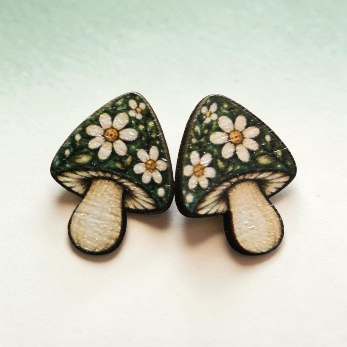 Wooden Mushroom Stud Earrings – Floral, Morel & Celestial Designs
