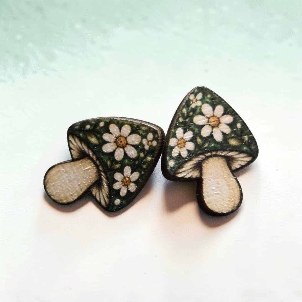 Wooden Mushroom Stud Earrings – Floral, Morel & Celestial Designs