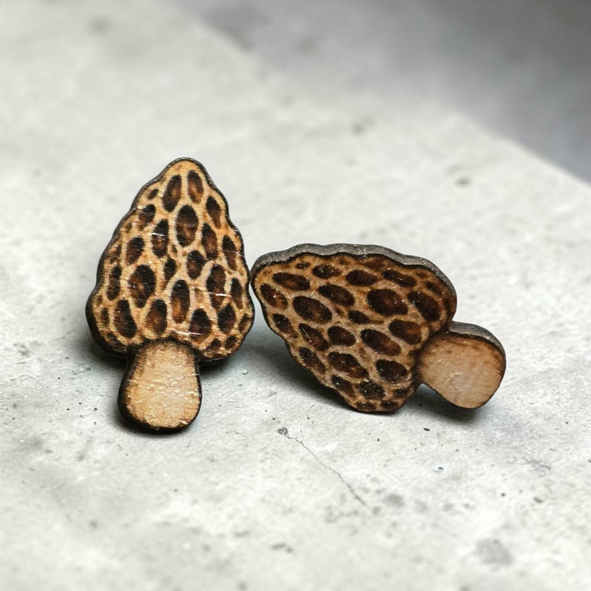 Wooden Mushroom Stud Earrings – Floral, Morel & Celestial Designs