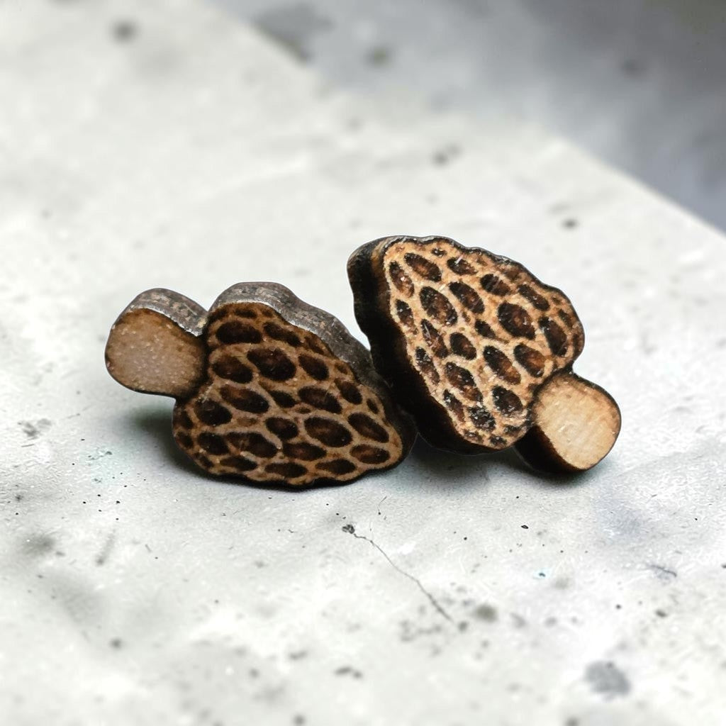 Wooden Mushroom Stud Earrings – Floral, Morel & Celestial Designs