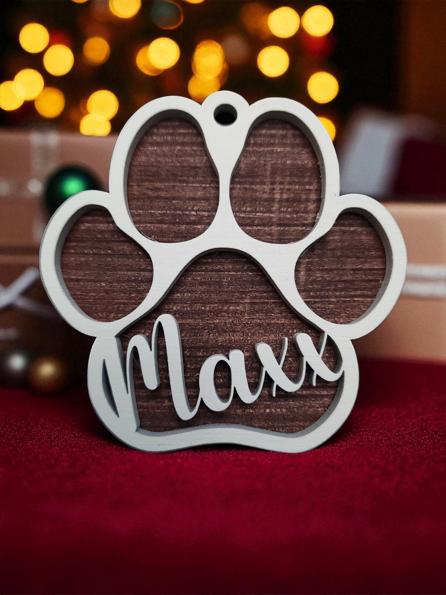 "Pawfectly Yours" – Custom Wooden Dog Paw Print Ornament