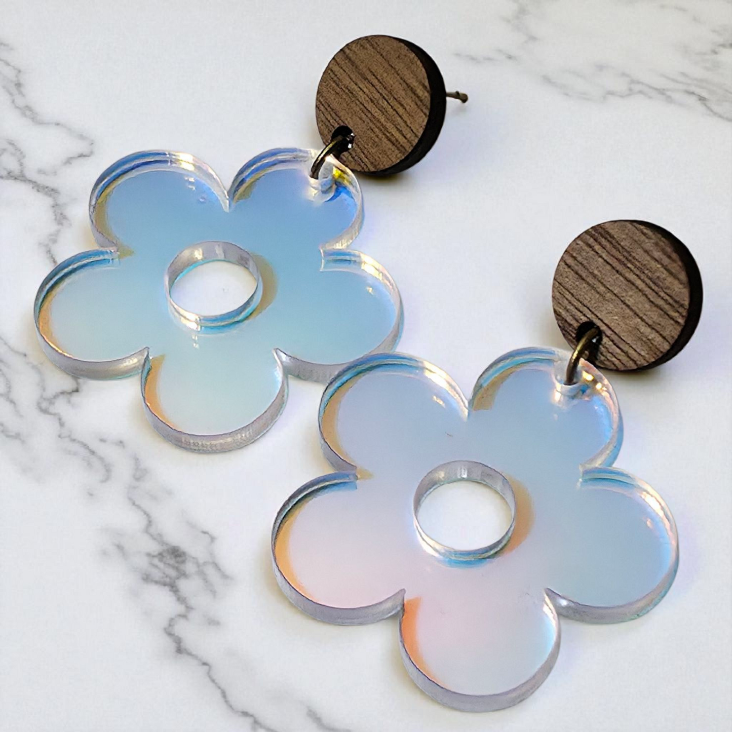 Walnut & Acrylic Flower Earrings | Lightweight | Hypoallergenic